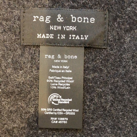 Rag & Bone charcoal grey wool scarf w fringe recycled wool 28 x 72 - Picture 3 of 4